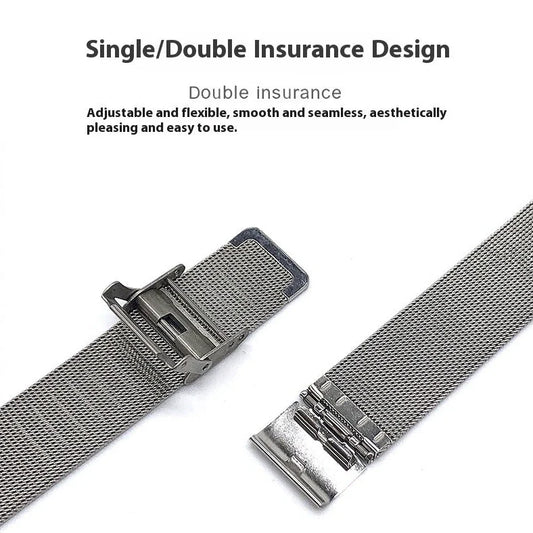 Silver stainless steel watch strap with double buckle closure showing eight width options from 10mm to 24mm