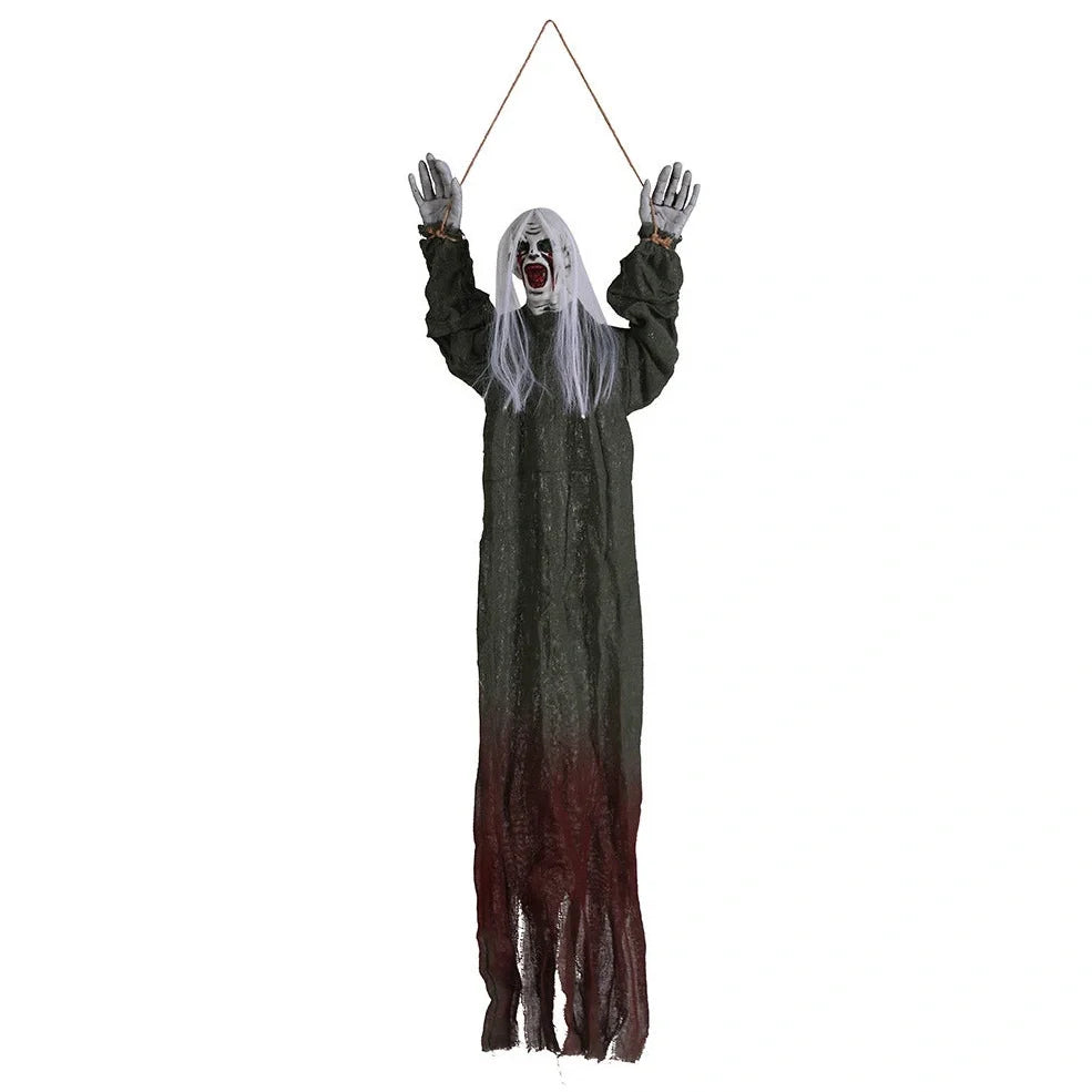 Halloween hanging ghost decoration with cloth construction and blood effect detailing