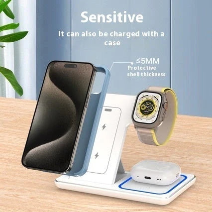 3-in-1 wireless charging station for smartphones, smartwatches, and earbuds with dual charging coils and safety features