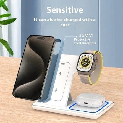 3-in-1 wireless charging station for smartphones, smartwatches, and earbuds with dual charging coils and safety features