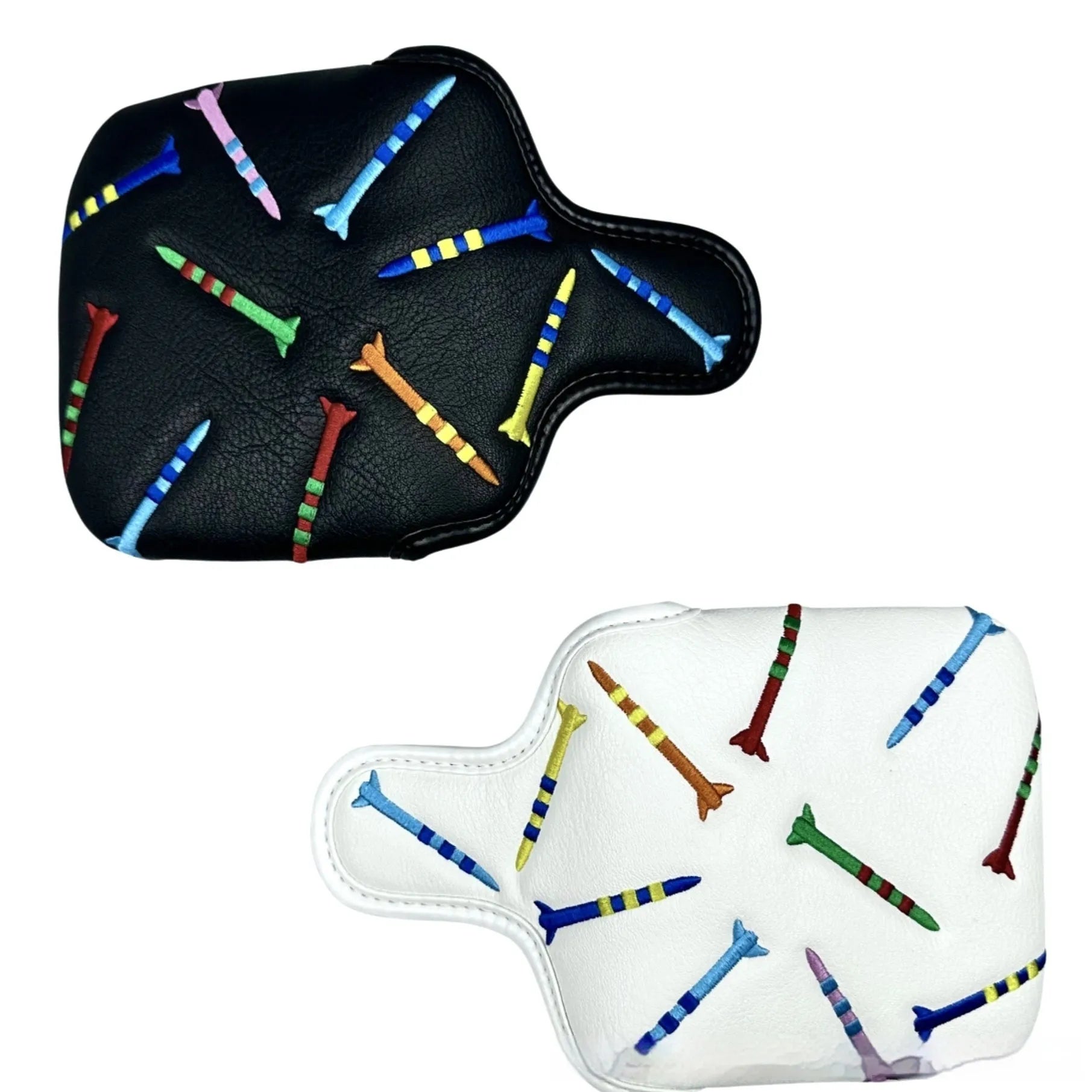 Black and white golf putter protective sleeve with rocket pattern design for square heads