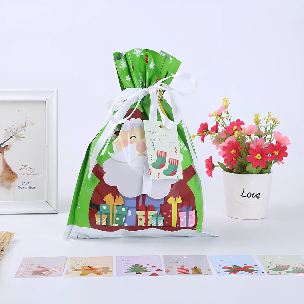 Christmas gift bag with drawstring closure in laser gold finish, 32x24cm dimensions