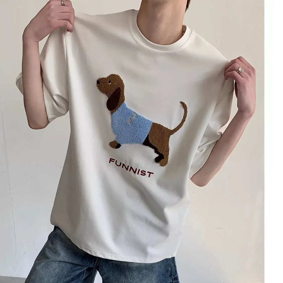 Men's grey cotton t-shirt with embroidered sausage dog design on front, short sleeves, round neck