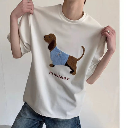 Men's grey cotton t-shirt with embroidered sausage dog design on front, short sleeves, round neck