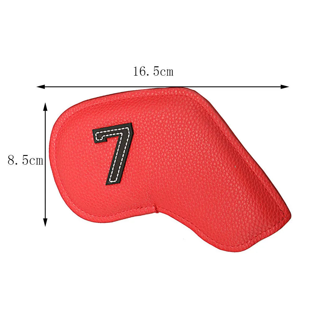 Set of 10 golf club head covers in various colours with minimal digital printing