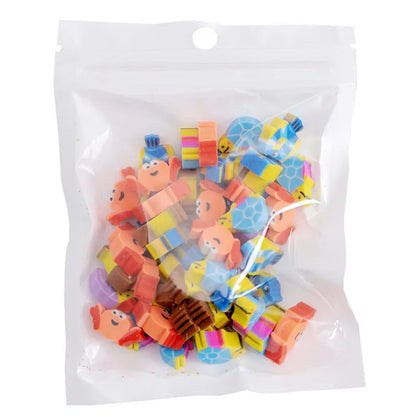 Assortment of 50 small cartoon erasers in pearlescent bags, showing fruit, animal, and holiday designs.