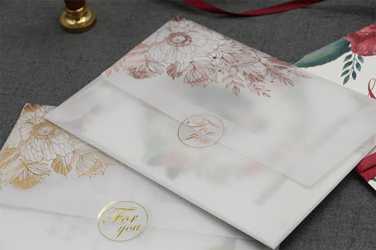 Sulfuric acid paper invitation cards with gold or rose gold bronzing and matte varnish finish, 12.5 x 17.6 cm size with stickers included for wedding invitations, party invitations, gift envelopes and event stationery