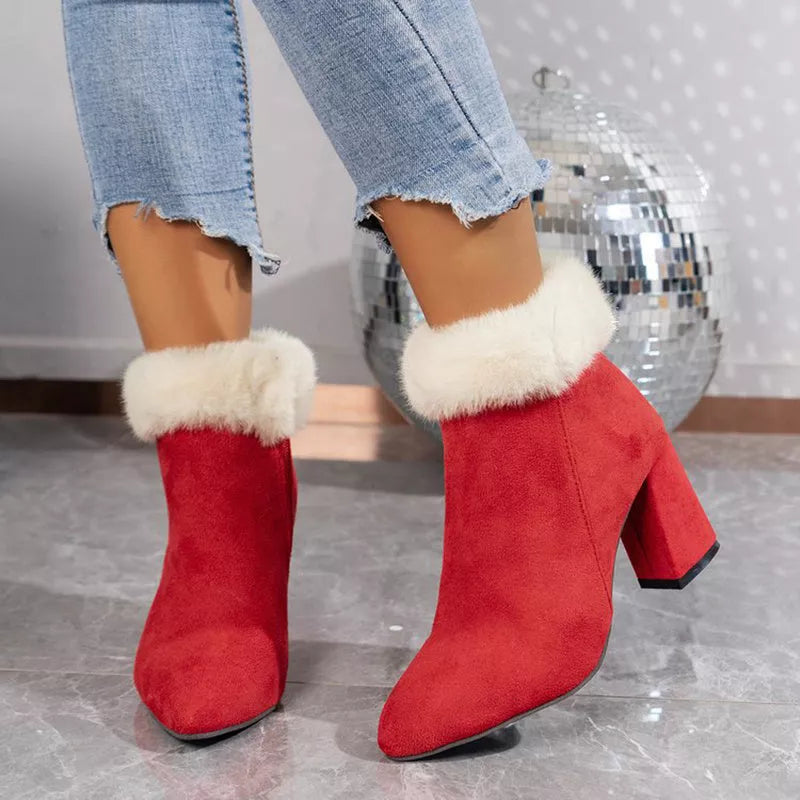 Women's plaid print plush ankle boots with square heel and fur insole