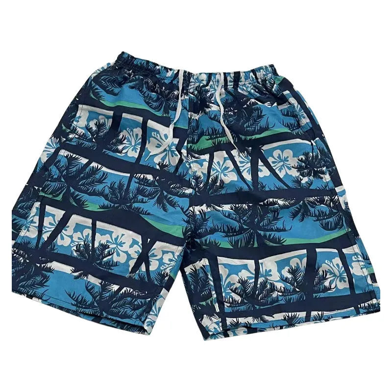 Men's floral printed swimming trunks in polyester fabric showing multiple pattern options for beach and pool use