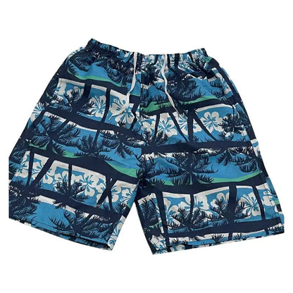 Men's floral printed swimming trunks in polyester fabric showing multiple pattern options for beach and pool use