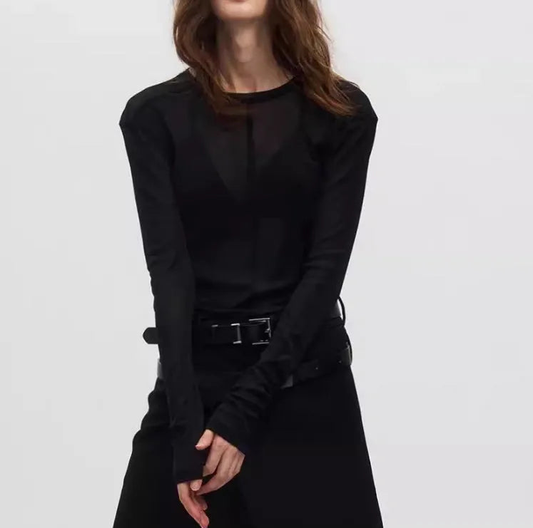 Black mesh see-through texture slim-fit long sleeve women's pullover on a hanger