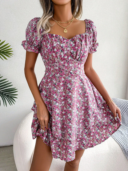 Elegant floral mini dress with A-line silhouette and short sleeves in a variety of vibrant colors