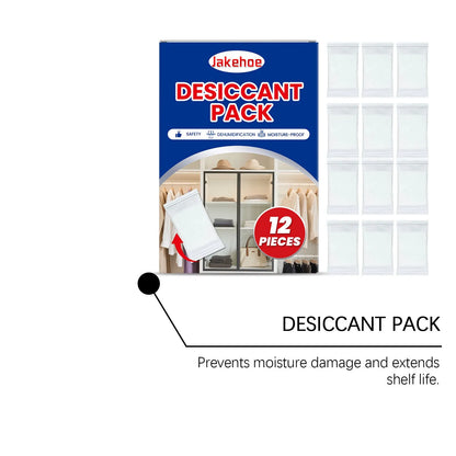 Pack of twelve white calcium chloride desiccant bags for household moisture absorption.