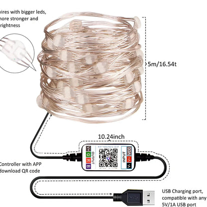 20-metre copper wire LED light string with 200 warm white beads and smartphone app control