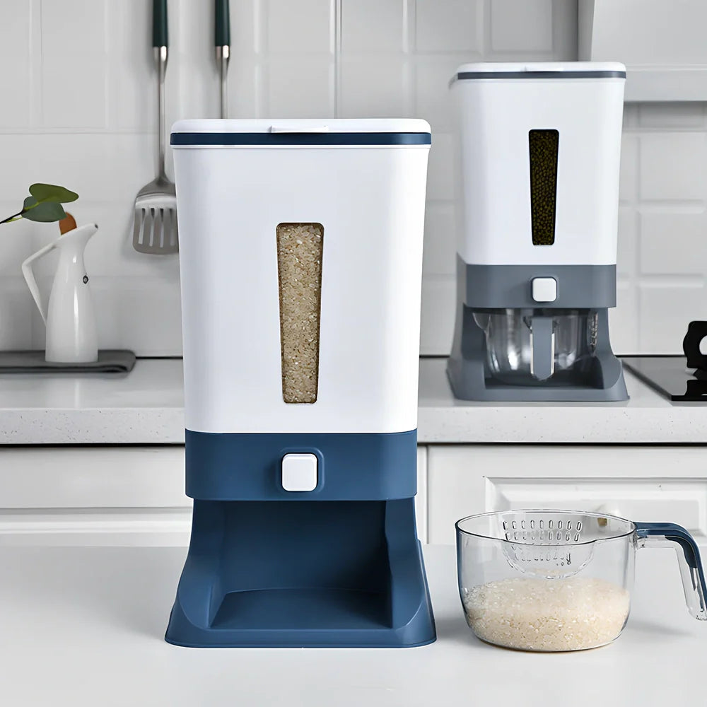 Automatic rice storage container with push-button dispenser and transparent viewing window