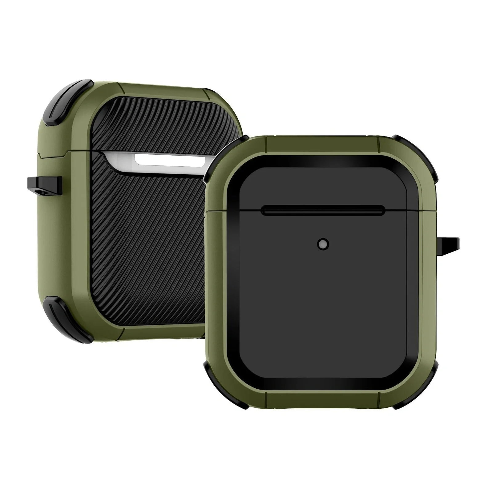 AirPods protective sleeve case in clamshell design with multiple colour options showing charging port cutouts