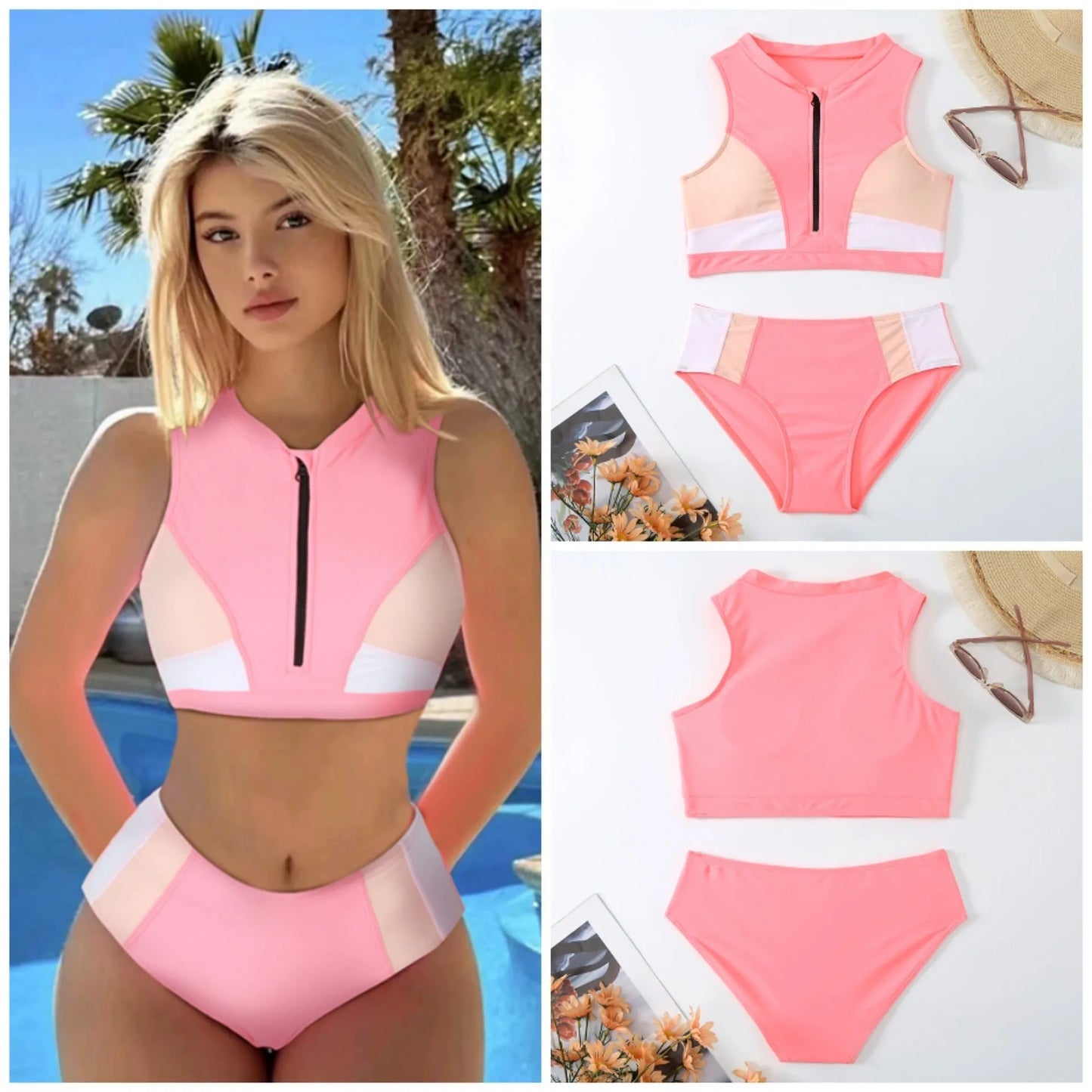 Pink high-waist split bikini swimsuit with briefs style and sleeveless design on mannequin
