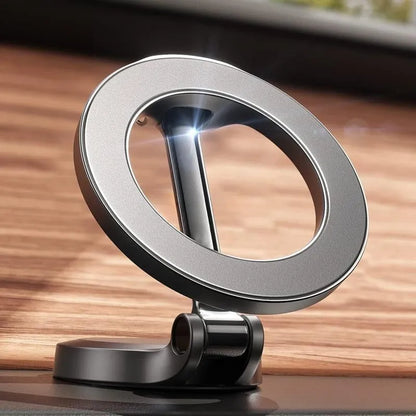 All-metal foldable magnetic car phone mount showing 360-degree rotation and dashboard mounting
