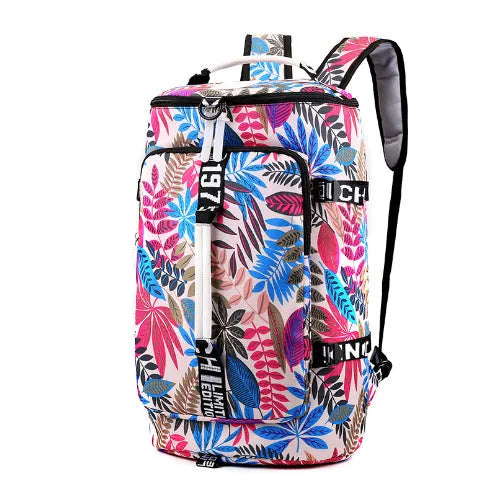 Waterproof nylon convertible gym bag with shoe compartment showing multiple pockets and carrying straps