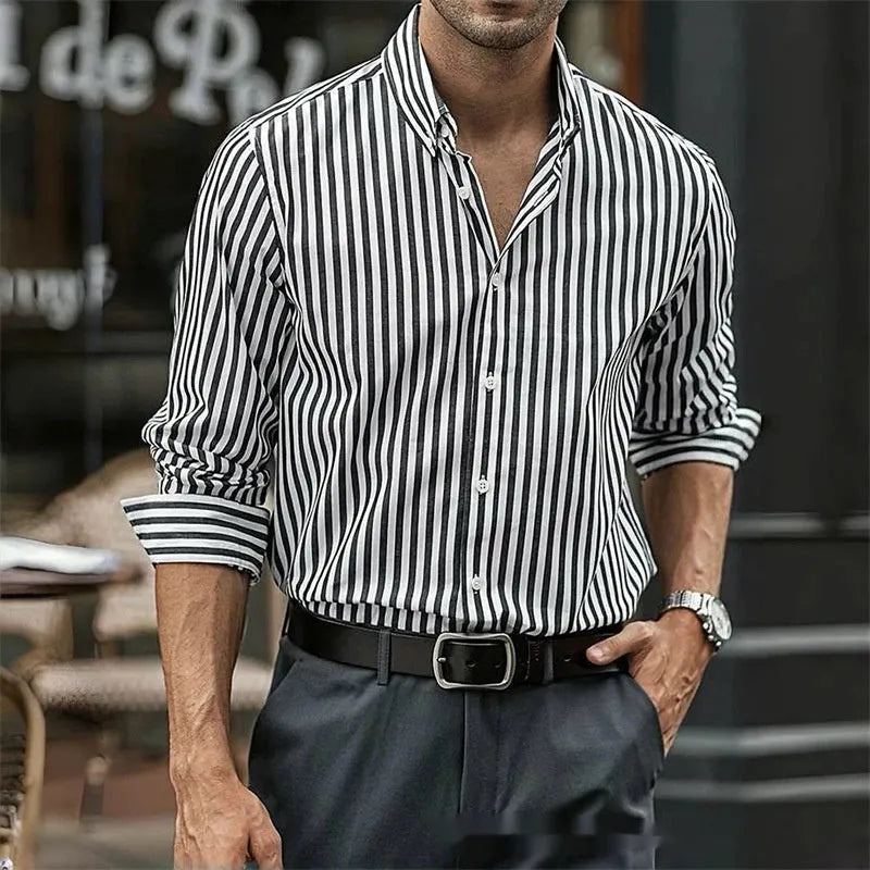 Men's striped casual button shirt with loose fit and cardigan styling