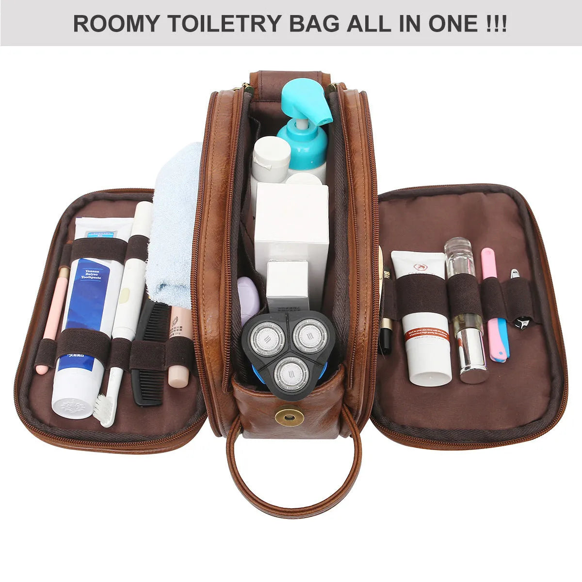 Men's black Pu toiletry bag with zippered closure for travel storage