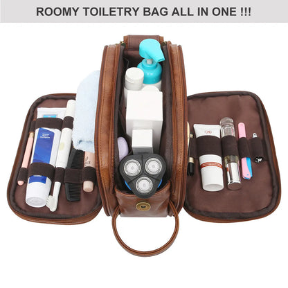 Men's black Pu toiletry bag with zippered closure for travel storage