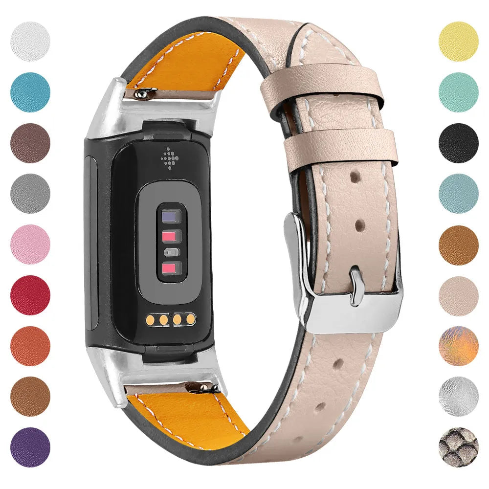 Genuine leather strap for Fitbit charge5 and charge6 in selected colour with adjustable buckle showing 5.5-8.1 inch length