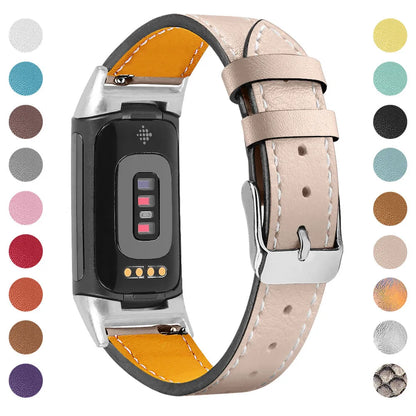 Genuine leather strap for Fitbit charge5 and charge6 in selected colour with adjustable buckle showing 5.5-8.1 inch length
