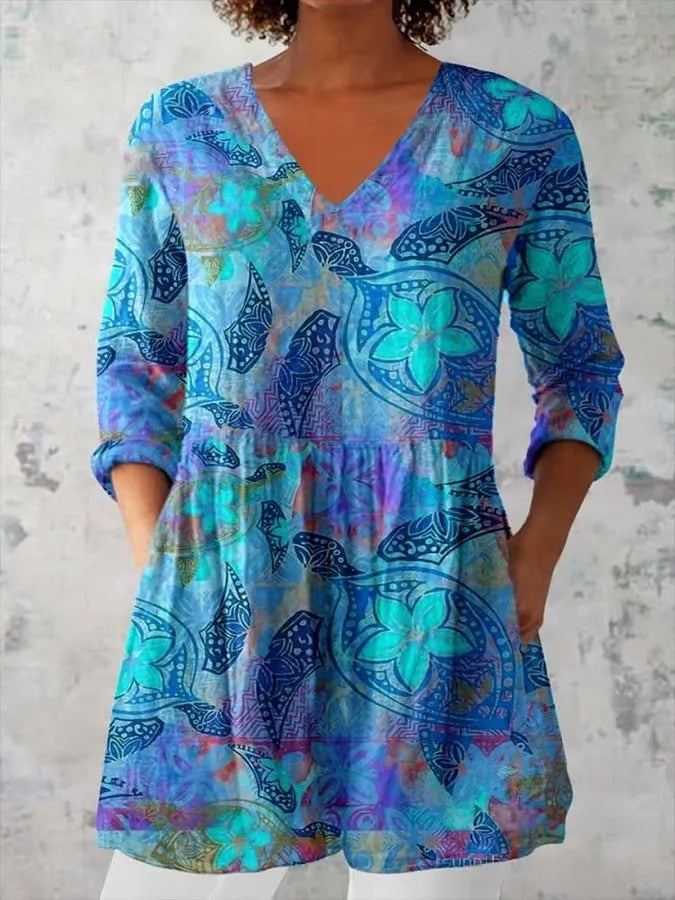 Women's retro slim fit long-sleeved top with digital printed pattern in various colours, showing front view