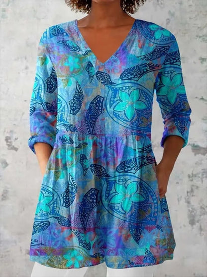 Women's retro slim fit long-sleeved top with digital printed pattern in various colours, showing front view