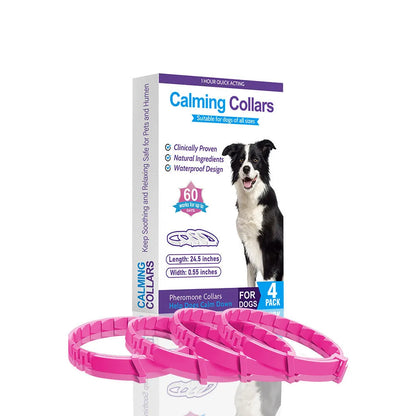 Four dog anxiety relief collars in different colours with 62cm adjustable TPR construction for calming support
