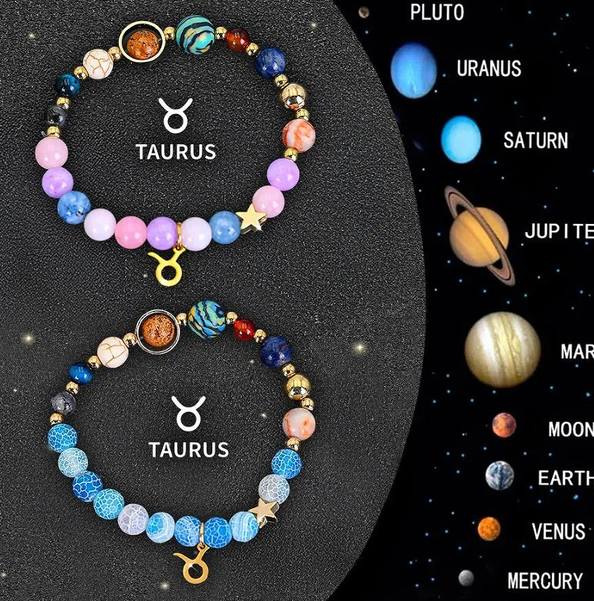 Twelve zodiac sign beaded bracelet set with natural stone beads and adjustable clasp