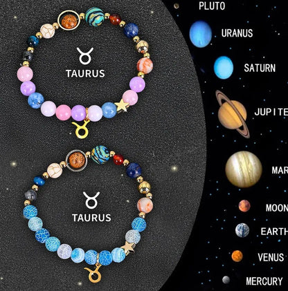 Twelve zodiac sign beaded bracelet set with natural stone beads and adjustable clasp