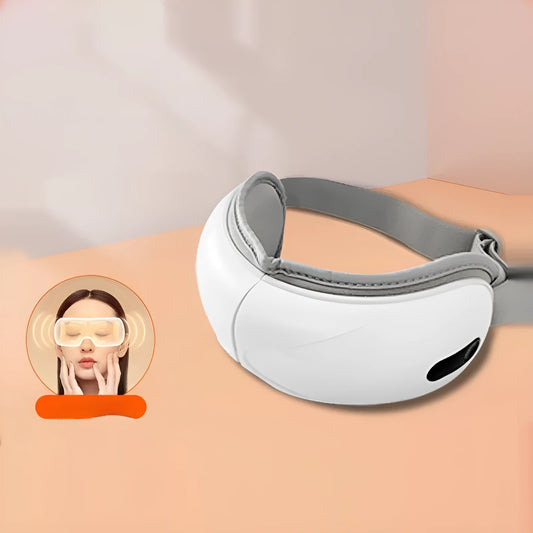 White rechargeable eye massager with airbag compression and hot compress functions, dimensions 140mm x 52mm x 150mm
