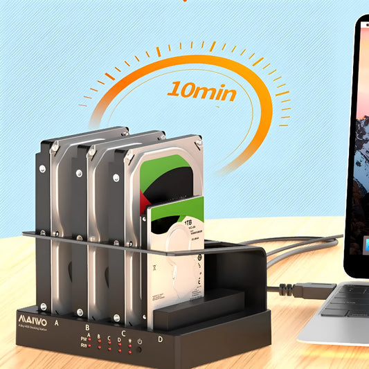 K305BU3S four-bay external hard drive docking station with four 2.5-inch SATA drives inserted, showing front power switches.