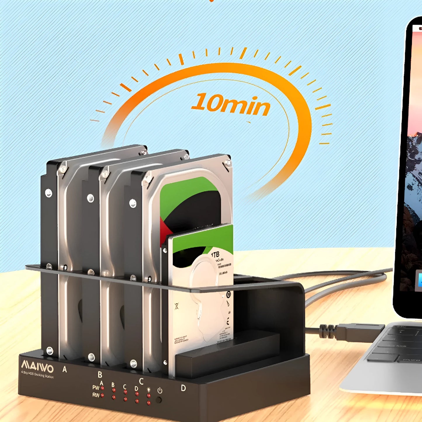 K305BU3S external hard drive docking station for four 2.5-inch SATA drives with USB 3.0 cable and power adapter.