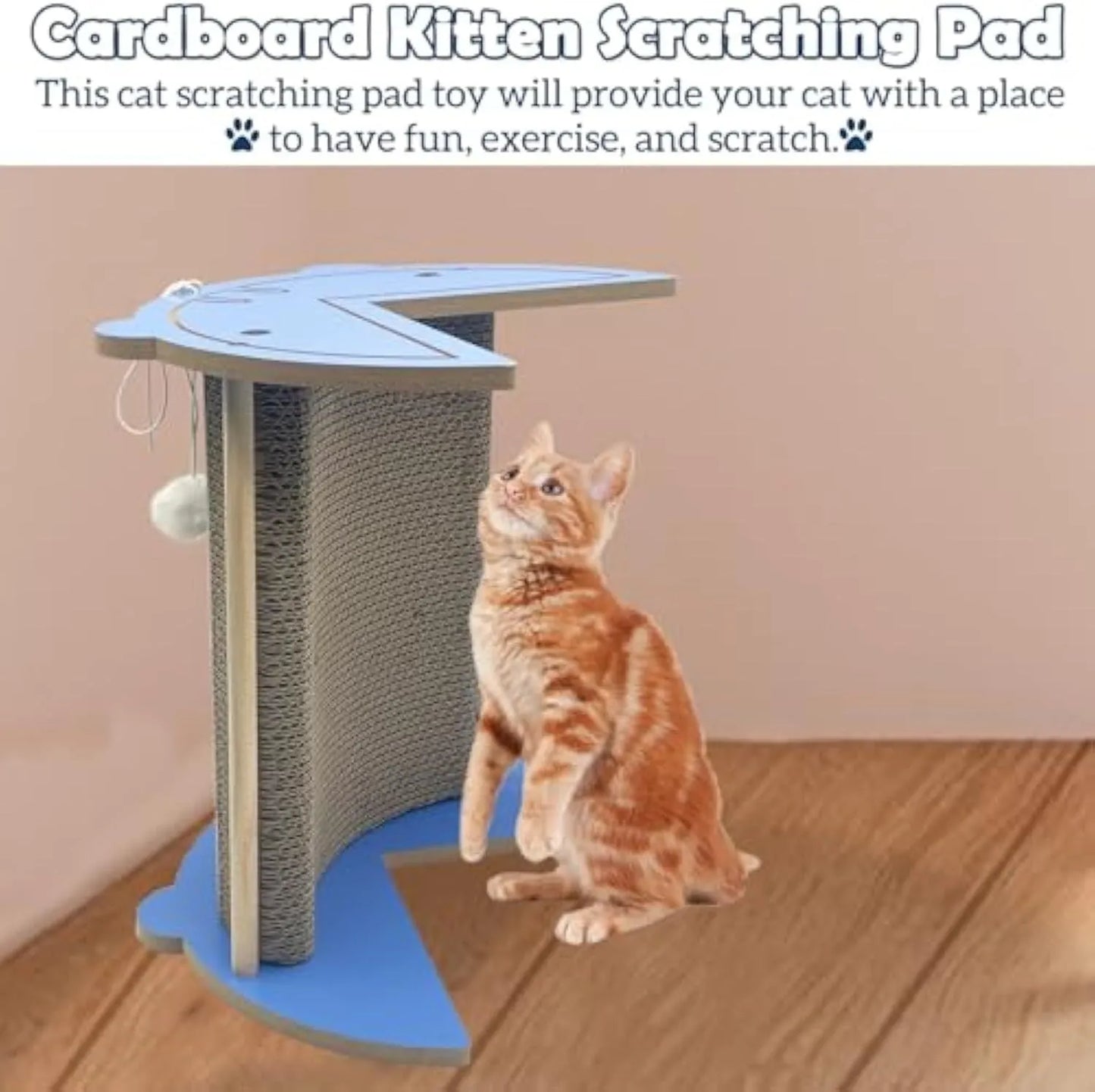 Grey cat using corner scratching pad with hanging ball in room corner