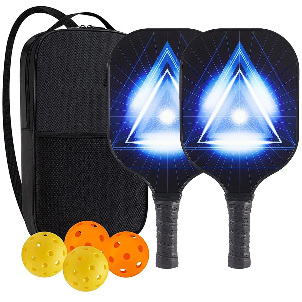Peak Racket fibreglass squash set showing two rackets and four balls for complete playing equipment