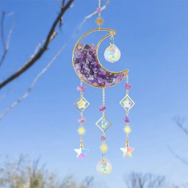 Moon-shaped crystal pendant for car interior with 100mm K9 crystal and 420mm metal chain
