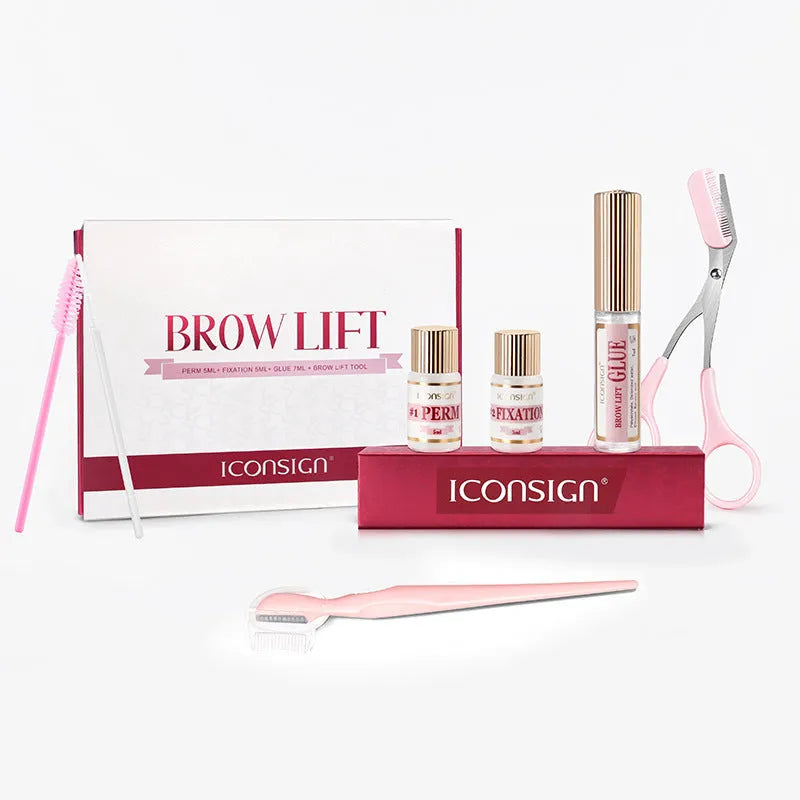 Pink eyebrow perm kit containing scalding suit and keratosis removal tool for complete brow styling