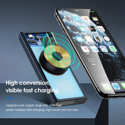 Black and blue alloy 10000mAh portable power bank with wireless charging function.