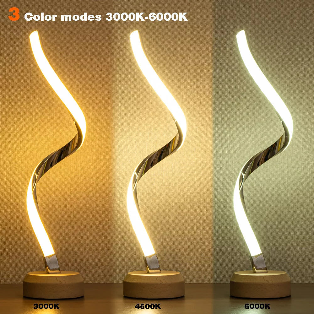 LED Spiral Table Lamp with wooden base and dimmable warm white light