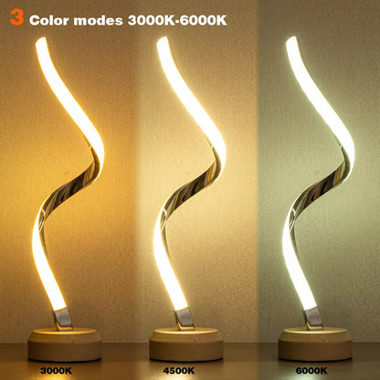 LED Spiral Table Lamp with wooden base and dimmable warm white light