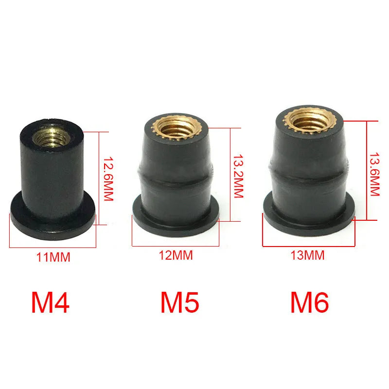 Black motorcycle windscreen brass nut expansion rubber fasteners in M4 M5 M6 sizes