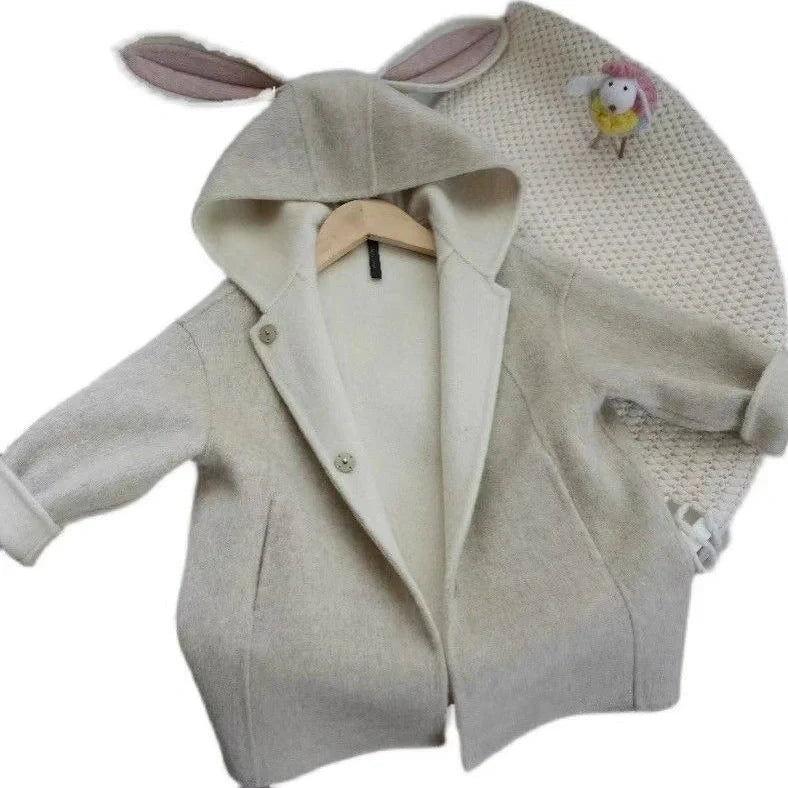 Milky white children's woolen coat with rabbit ears hood, mid-length design with long sleeves