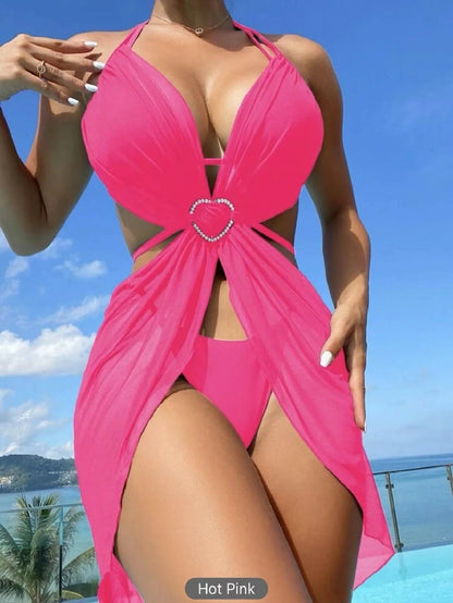 3-piece halter neck bikini set in solid colors for beach and summer wear