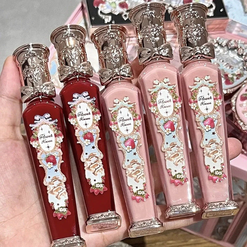 Flower Knows Strawberry Rococo Series Embossed Blush Velvet Matte Lip Glaze in retro perfume bottle design
