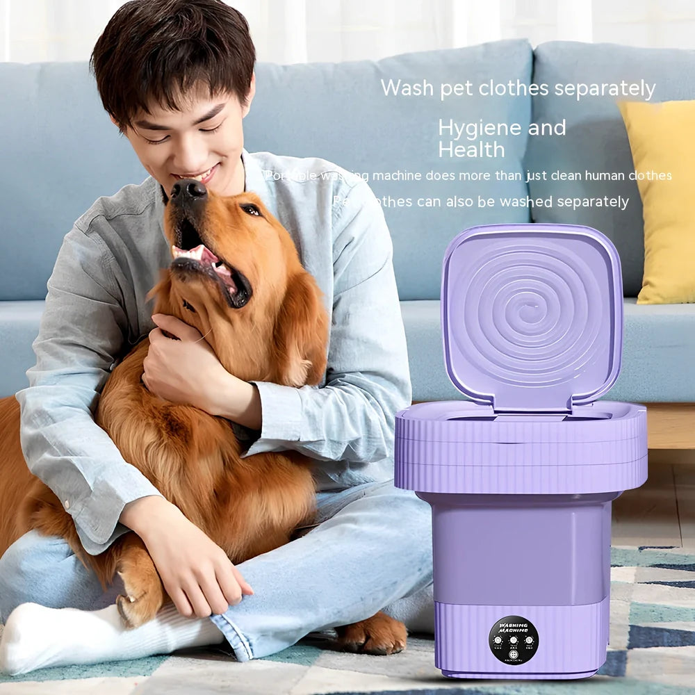 Compact purple folding washing machine with UK plug, measuring 30cm wide with 10L capacity drain basket