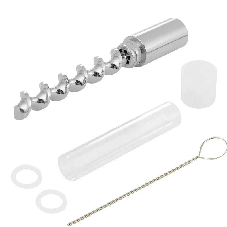 Spiral pipe atomizer with 78mm glass tube and metal fittings in compact packaging