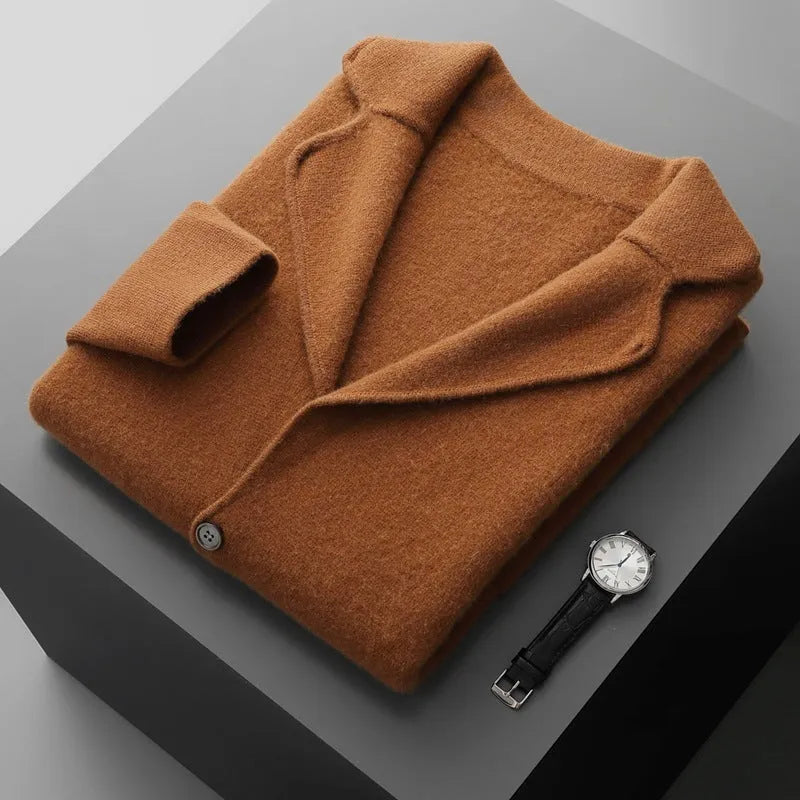 Men's cashmere blend lapel cardigan sweater in light grey showing loose fit and thickened knit construction